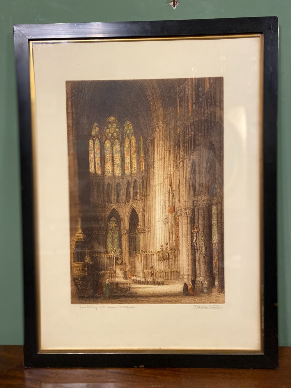 Signed Print of Notre Dame Cathedral Interior Mounted and Framed with Gilded Slip