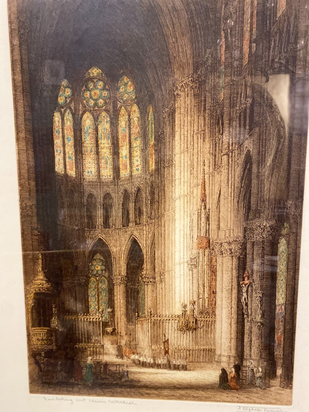 Signed Print of Notre Dame Cathedral Interior Mounted and Framed with Gilded Slip View II