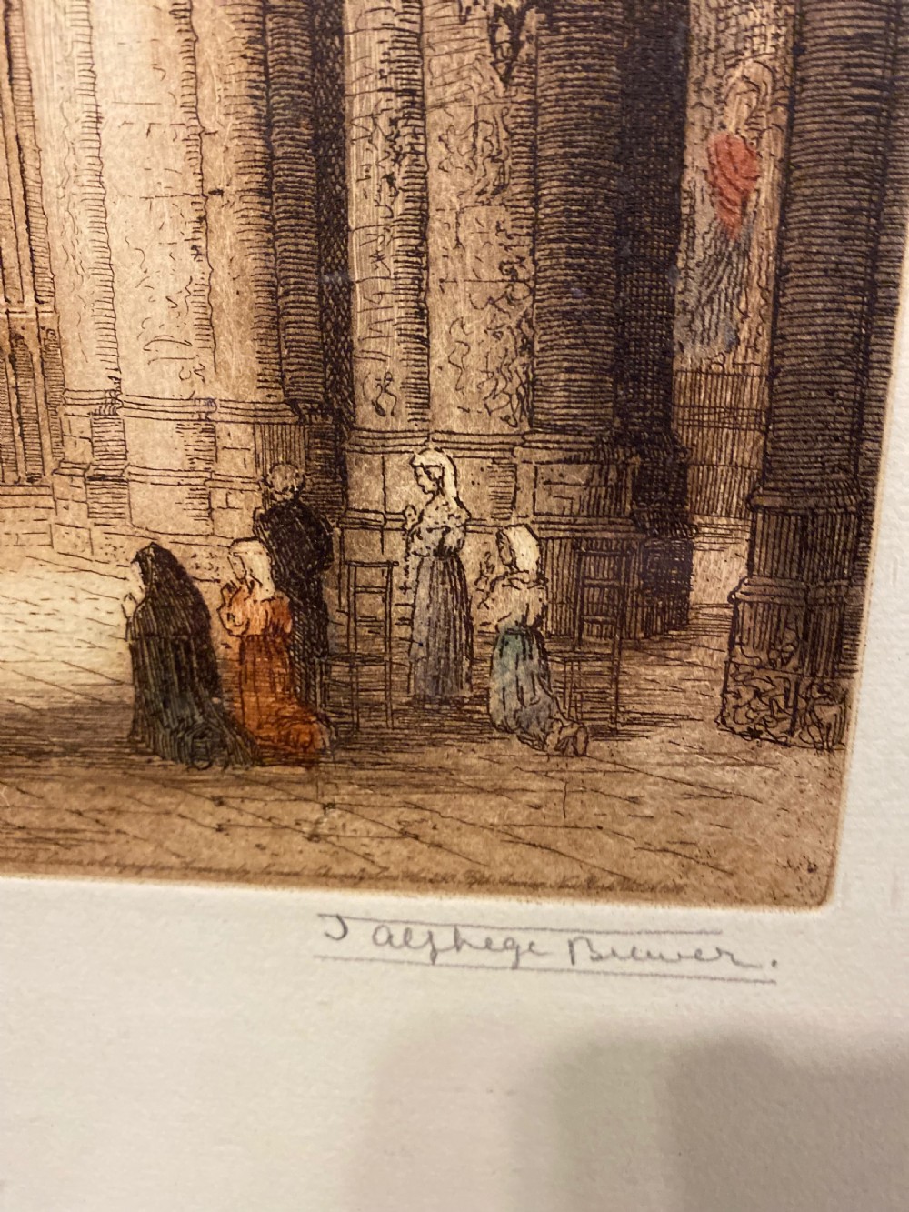 Signed Print of Notre Dame Cathedral Interior Mounted and Framed with Gilded Slip View III