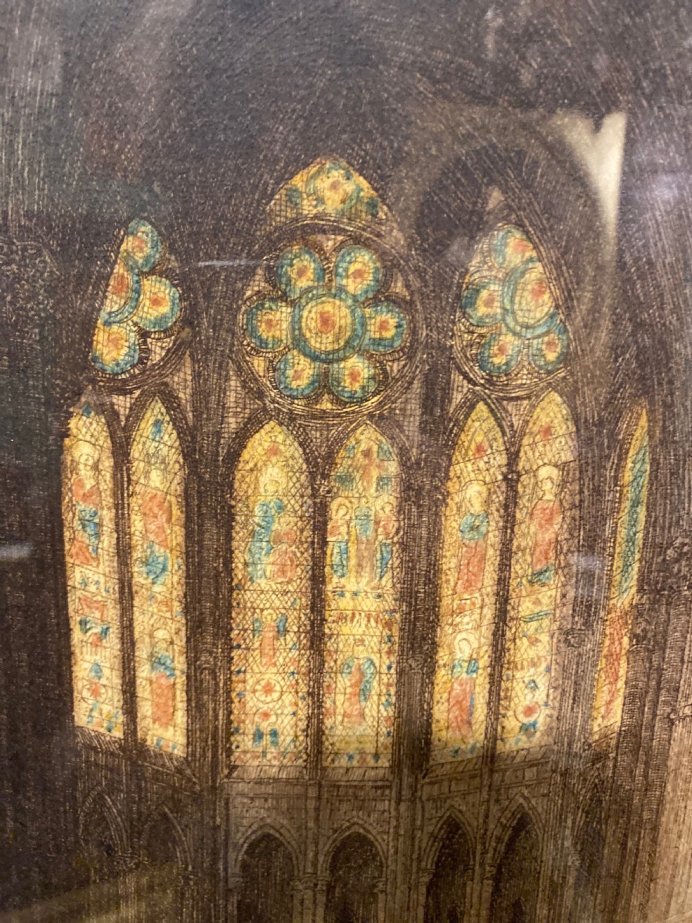 Signed Print of Notre Dame Cathedral Interior Mounted and Framed with Gilded Slip View V