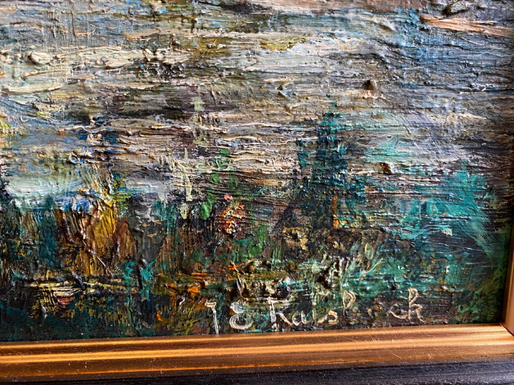 A framed oil painting featuring a heavily textured woodland riverbank scene with large trees leaning over a body of water in a dark wooden frame. View III