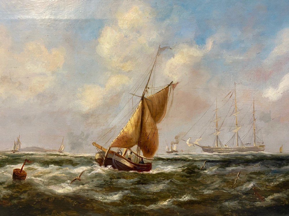 A 19th-century oil painting depicting sailing ships on choppy ocean waters set within a reeded wood frame with a gilt slip. View II