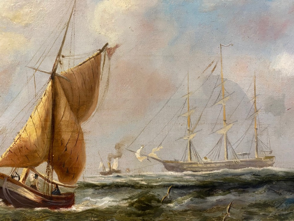 A 19th-century oil painting depicting sailing ships on choppy ocean waters set within a reeded wood frame with a gilt slip. View III