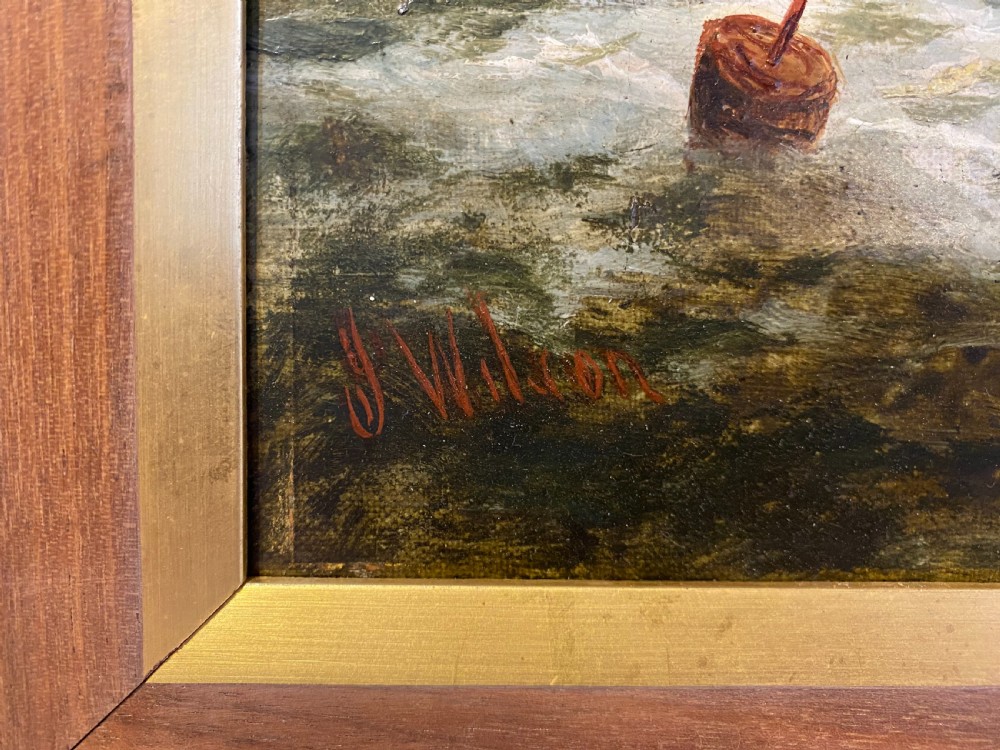 A 19th-century oil painting depicting sailing ships on choppy ocean waters set within a reeded wood frame with a gilt slip. View IV