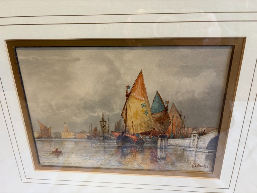 A framed 19th-century watercolour painting depicting sailing vessels on the Venice Grand Canal set inside a double mount and a gilded wooden frame. View IV