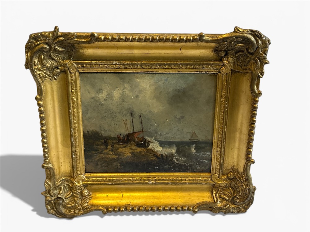 Stormy Coastal Scene Oil Painting in Gilded Frame 19th Century