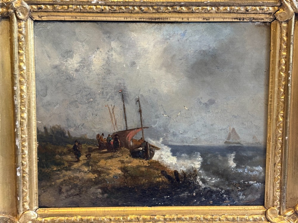 Stormy Coastal Scene Oil Painting in Gilded Frame 19th Century View IV