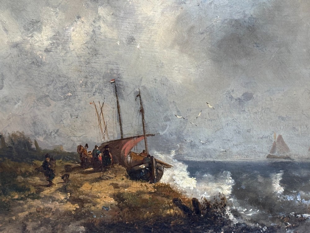 Stormy Coastal Scene Oil Painting in Gilded Frame 19th Century View V