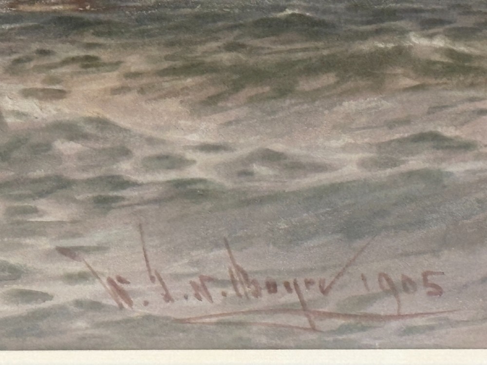 An Edwardian watercolour seascape depicting sailboats navigating choppy coastal waters near a distant lighthouse, presented in a gilt frame. View V
