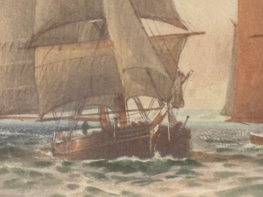 An Edwardian watercolour seascape depicting sailboats navigating choppy coastal waters near a distant lighthouse, presented in a gilt frame. View VI