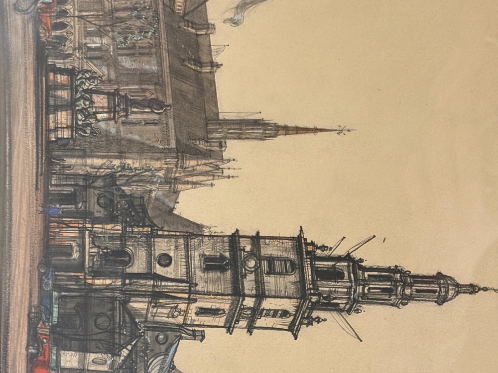 A framed pencil and watercolour drawing depicting a European city square with a spire, presented in a gold-finished frame. View IV