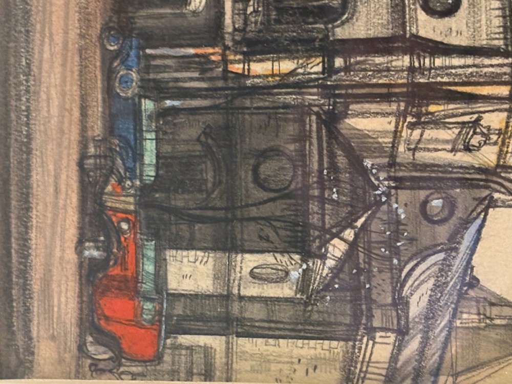 A framed pencil and watercolour drawing depicting a European city square with a spire, presented in a gold-finished frame. View VI