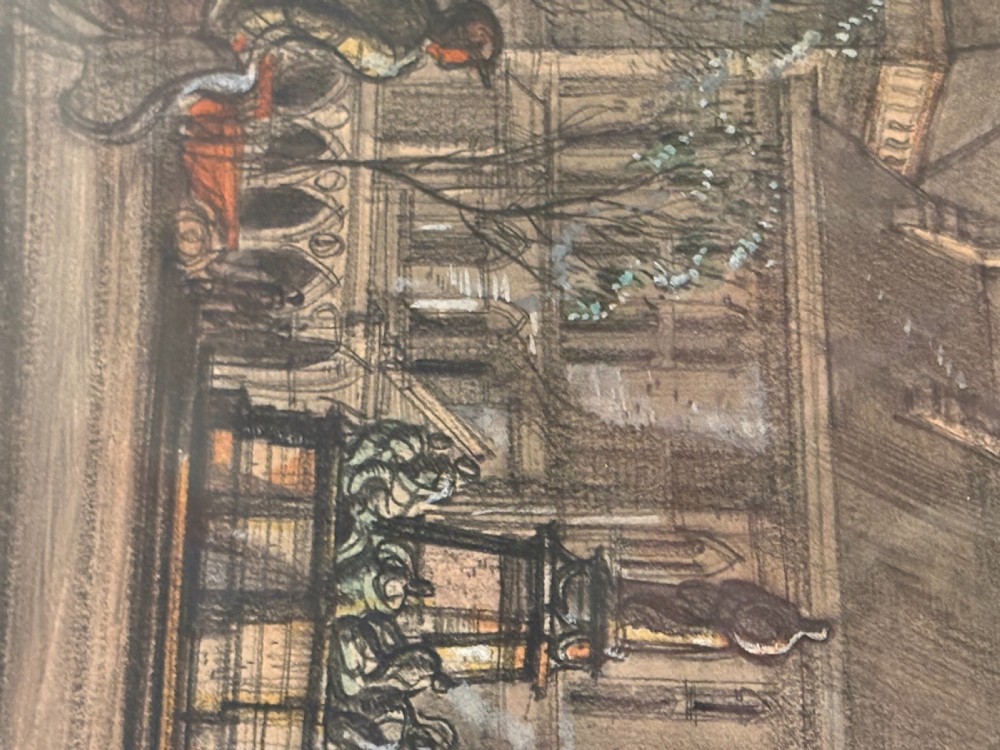 A framed pencil and watercolour drawing depicting a European city square with a spire, presented in a gold-finished frame. View VII