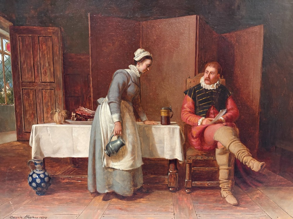 A 19th-century framed oil painting depicting a maid speaking to a seated cavalier in a traditional interior, enclosed in a dark wood and gilt frame. View V