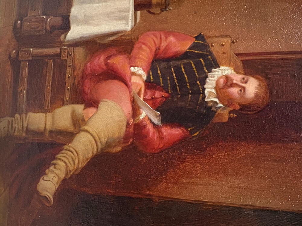 A 19th-century framed oil painting depicting a maid speaking to a seated cavalier in a traditional interior, enclosed in a dark wood and gilt frame. View VI