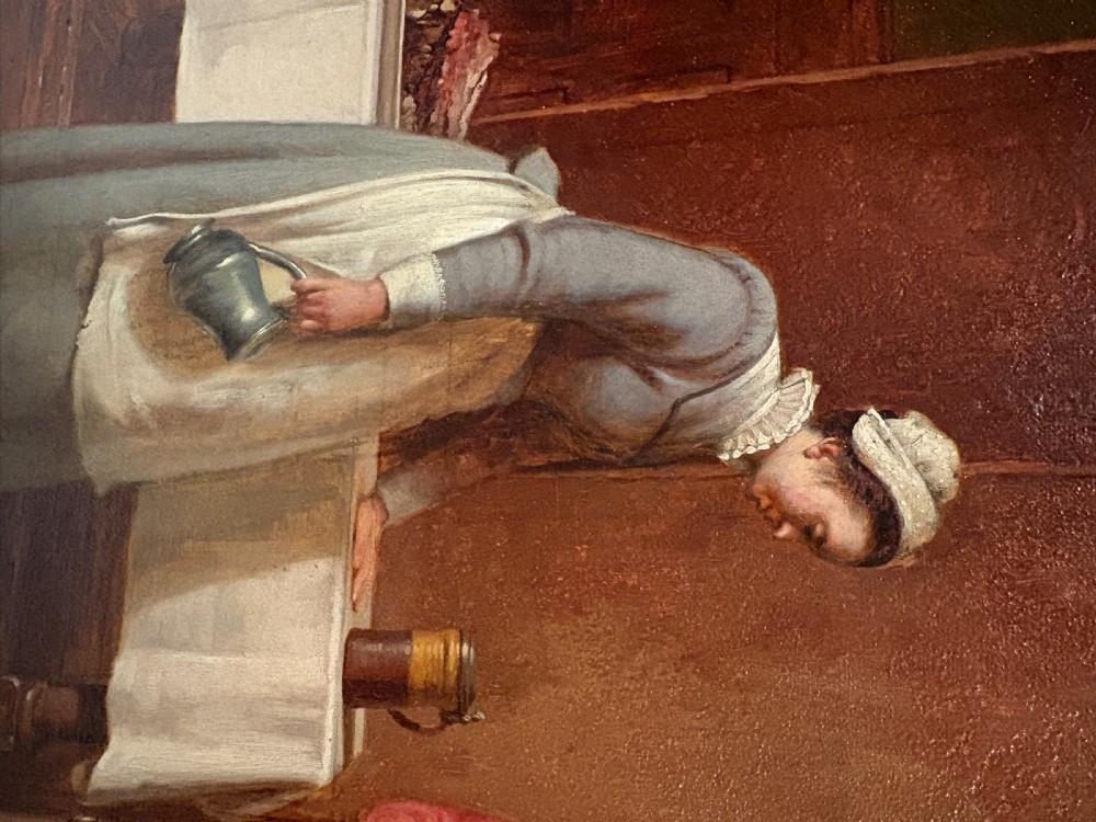 A 19th-century framed oil painting depicting a maid speaking to a seated cavalier in a traditional interior, enclosed in a dark wood and gilt frame. View VII