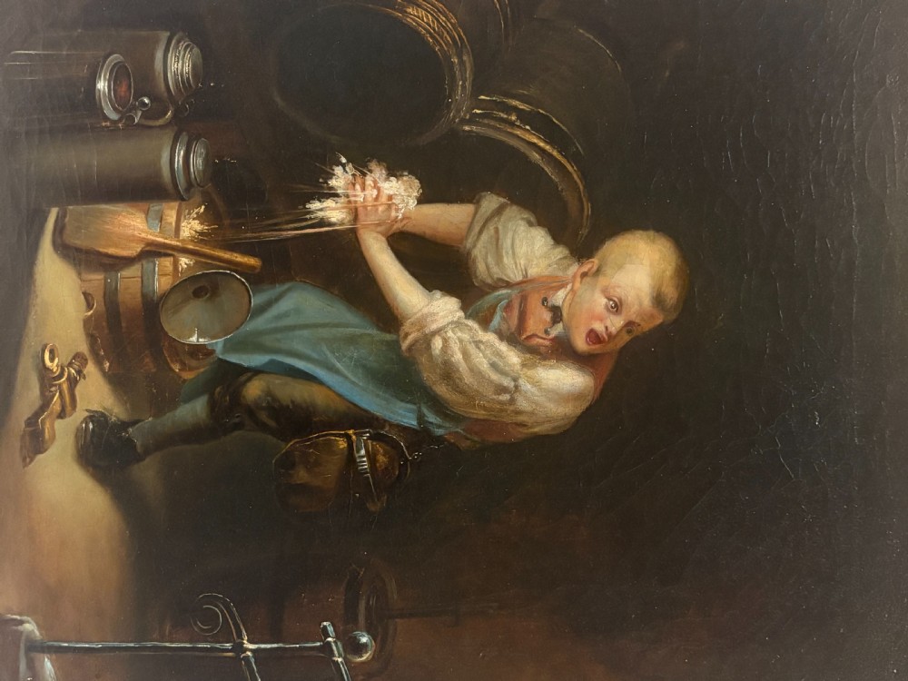 A 19th-century oil painting on canvas depicting a boy in an apron startled while tapping a barrel, set in an ornate carved gilt frame. View IV