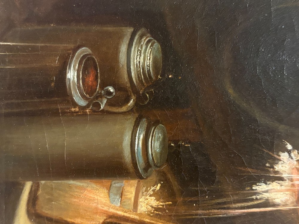 A 19th-century oil painting on canvas depicting a boy in an apron startled while tapping a barrel, set in an ornate carved gilt frame. View V