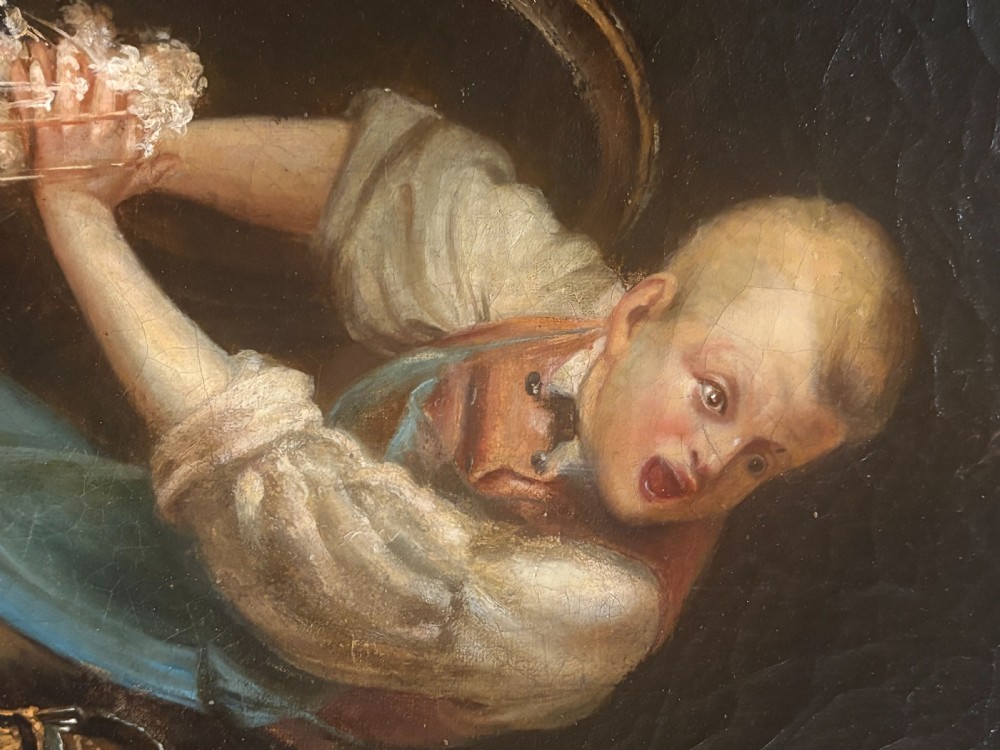 A 19th-century oil painting on canvas depicting a boy in an apron startled while tapping a barrel, set in an ornate carved gilt frame. View VI