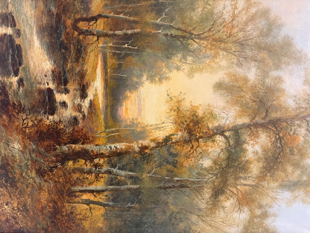 A framed vertical oil painting on canvas depicting a woodland stream at sunset with birch trees set inside a gold moulded frame. View VI