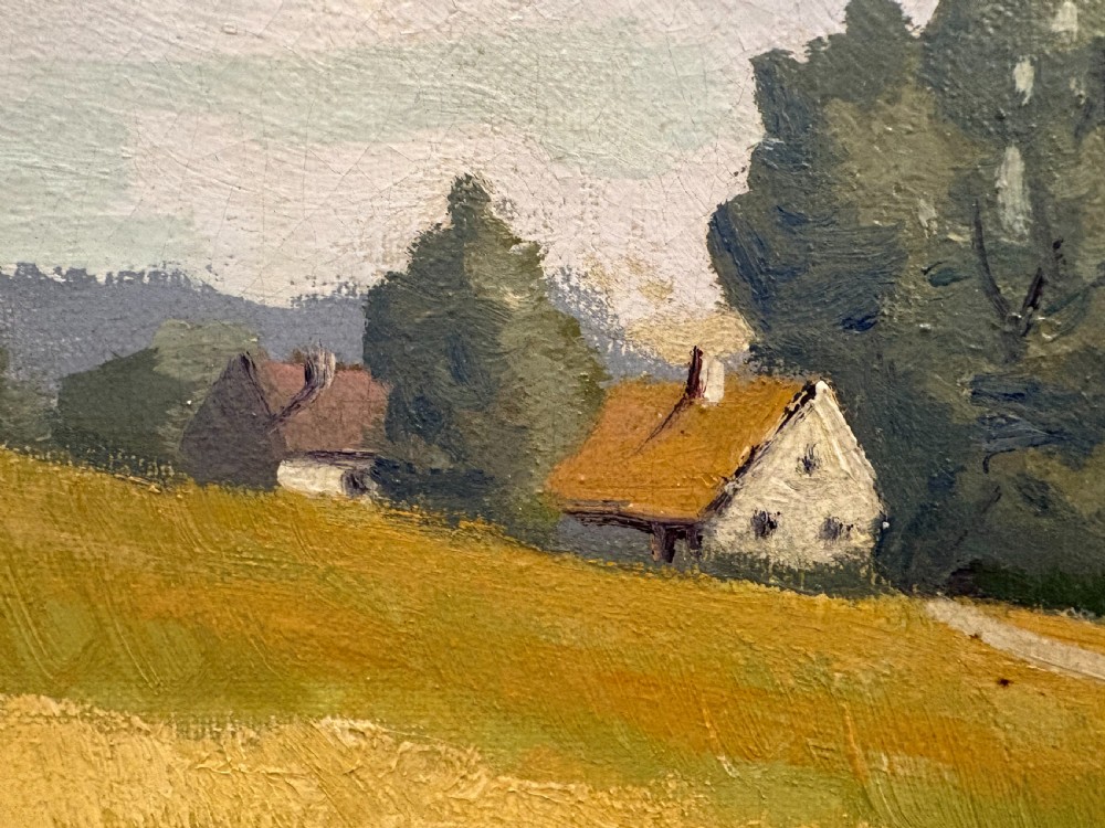 A 1950s oil painting on canvas depicting a farm landscape with birch trees and a wheat field, set in a wide ebonised wooden frame. View V