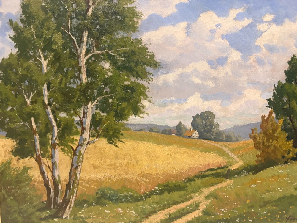 A 1950s oil painting on canvas depicting a farm landscape with birch trees and a wheat field, set in a wide ebonised wooden frame. View VI