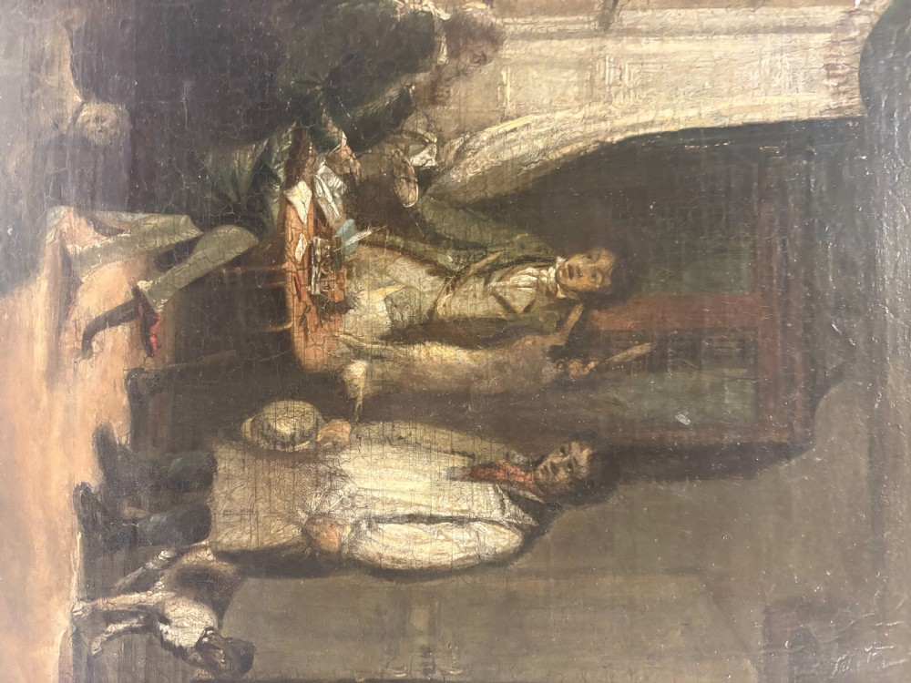 A 19th-century narrative oil painting depicting a master seated at a desk inside a dimly lit interior, set within a black ebonised frame with a gilded slip. View IV