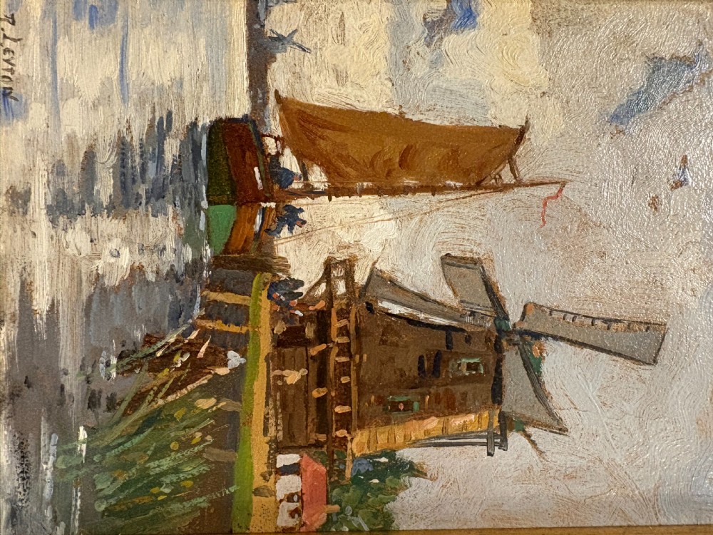 An early twentieth-century framed impressionist oil painting depicting a brown sailboat beside a wooden windmill along a waterway under a cloudy sky. View IV