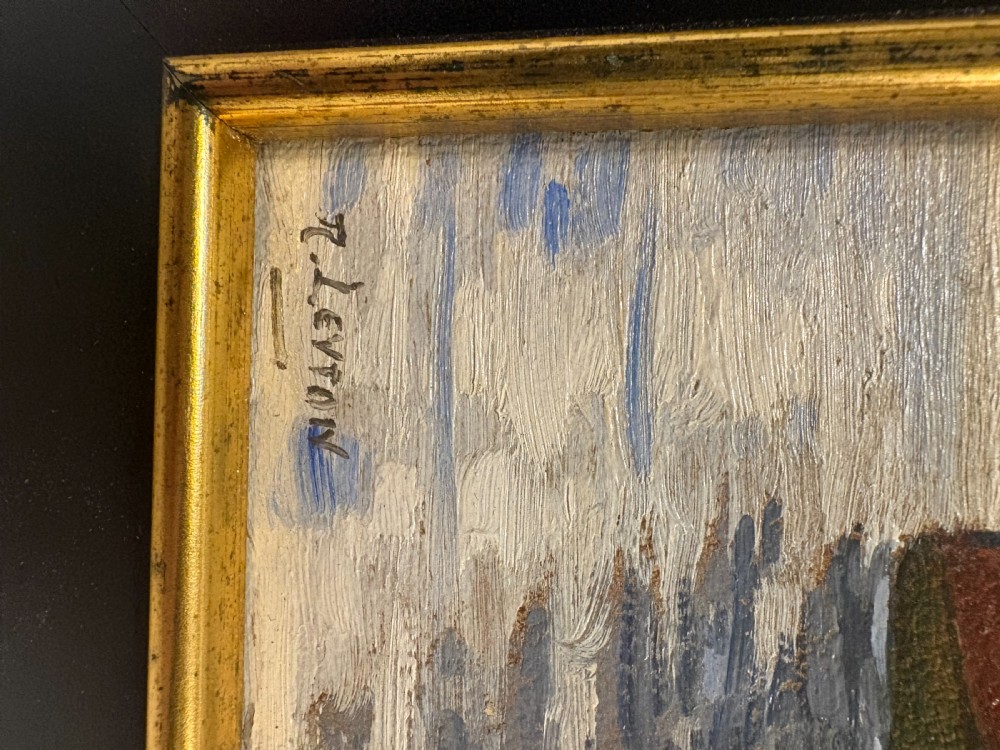 An early twentieth-century framed impressionist oil painting depicting a brown sailboat beside a wooden windmill along a waterway under a cloudy sky. View V