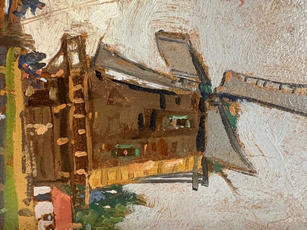 An early twentieth-century framed impressionist oil painting depicting a brown sailboat beside a wooden windmill along a waterway under a cloudy sky. View VI
