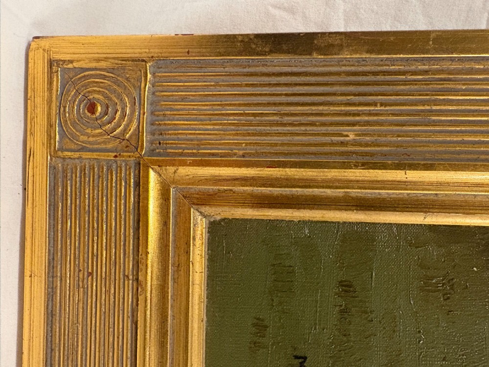 A mid-20th-century oil painting depicting a brown racehorse standing profile in a green field, housed in a fluted gold-coloured frame. View II