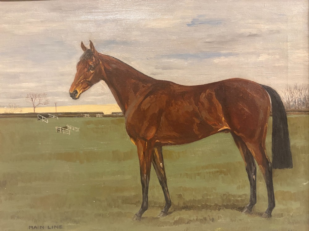 A mid-20th-century oil painting depicting a brown racehorse standing profile in a green field, housed in a fluted gold-coloured frame. View IV