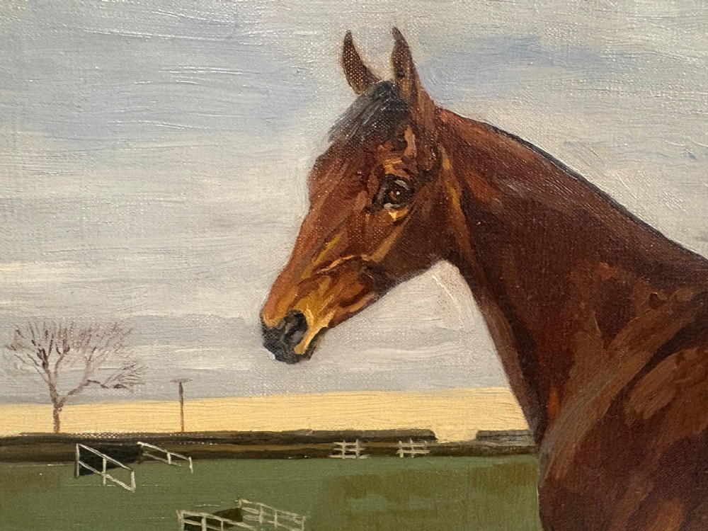 A mid-20th-century oil painting depicting a brown racehorse standing profile in a green field, housed in a fluted gold-coloured frame. View VII