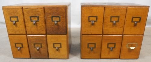 Pair Oak Index Filing Cabinets