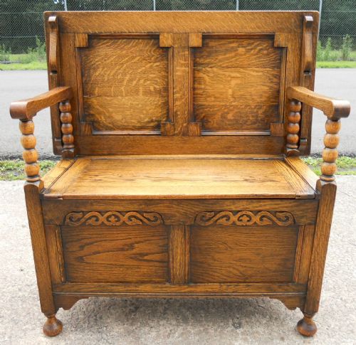 Golden Oak Panelled Monks Bench