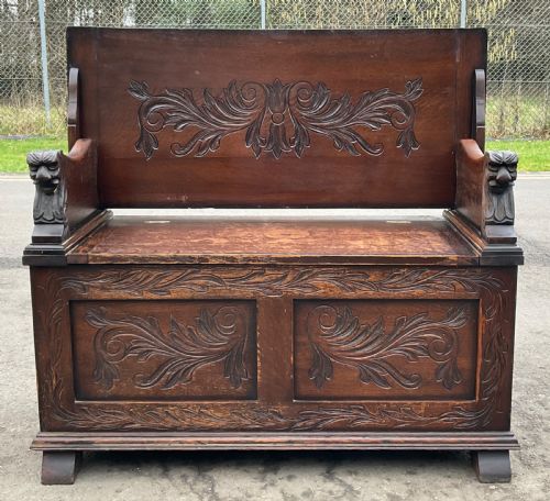 CARVED OAK MONKS BENCH - ADDITIONAL PHOTO 1