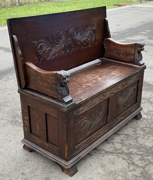 CARVED OAK MONKS BENCH - ADDITIONAL PHOTO 2