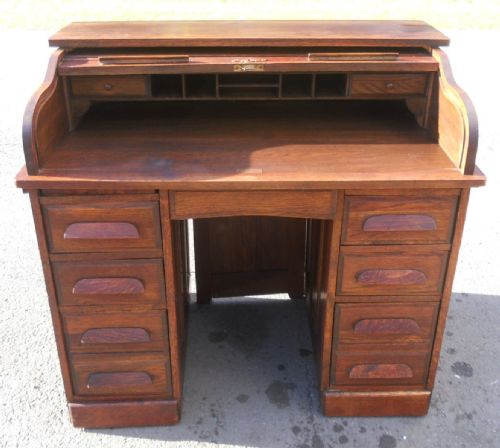 Small Oak Twin Pedestal Roll Top Desk
