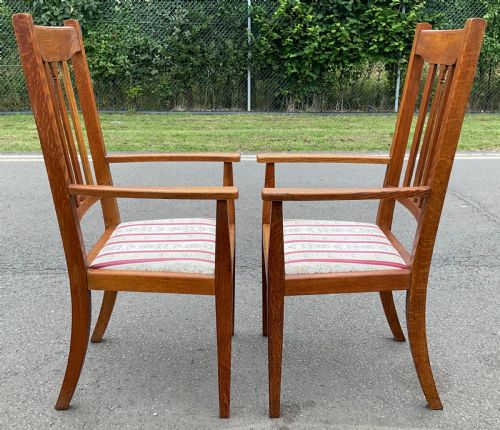 PAIR EDWARDIAN OAK HIGHBACK ARMCHAIRS - ADDITIONAL PHOTO 7