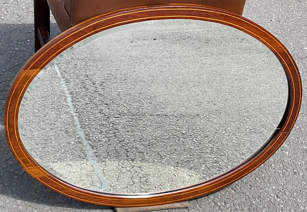 Edwardian oval inlaid mahogany hanging wall mirror  View III