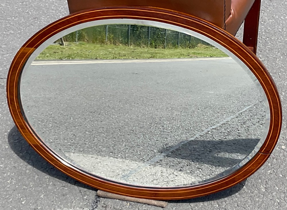 Edwardian oval inlaid mahogany hanging wall mirror  View IV