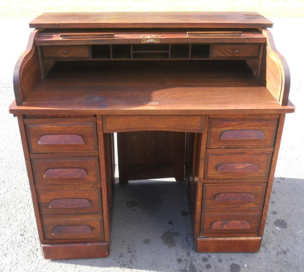Small Oak Twin Pedestal Roll Top Desk 