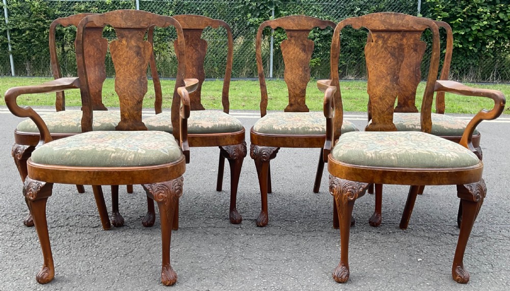 Set of Six Queen Anne Style Walnut Dining Chairs 