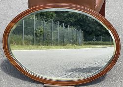 EDWARDIAN OVAL INLAID MAHOGANY HANGING WALL MIRROR