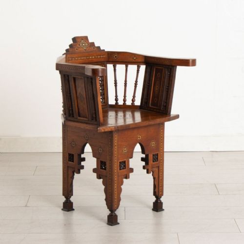 antique middle eastern chair with extensive geometric inlay fretwork c1900 - CATEGORY: ANTIQUE CHAIRS - DATED 1900