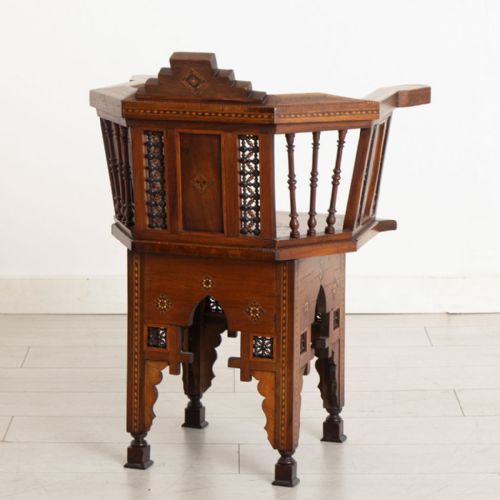 ANTIQUE MIDDLE EASTERN CHAIR WITH EXTENSIVE GEOMETRIC INLAY FRETWORK C1900 - ADDITIONAL PHOTO 2