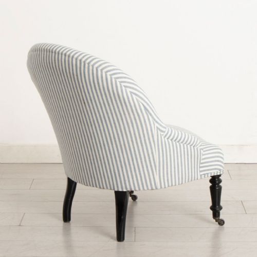 PAIR OF 19TH CENTURY SLIPPER TUB CHAIRS IN BLUE WHITE TICKING - ADDITIONAL PHOTO 1
