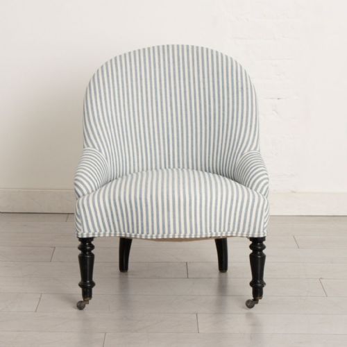 PAIR OF 19TH CENTURY SLIPPER TUB CHAIRS IN BLUE WHITE TICKING - ADDITIONAL PHOTO 2