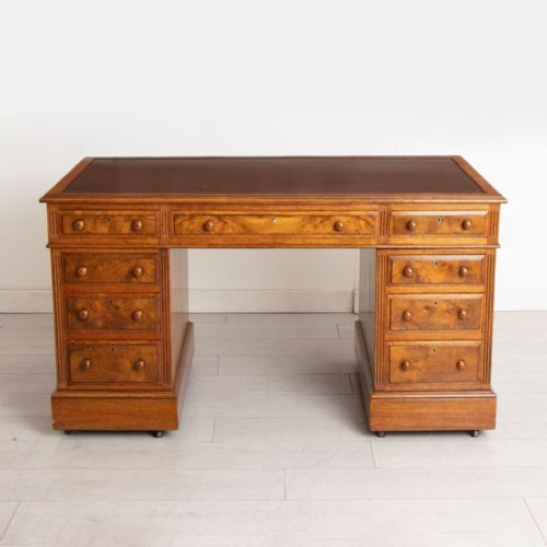 VICTORIAN OAK WALNUT PEDESTAL DESK WITH NEW BLACK HIDE LEATHER TOP C1870 - ADDITIONAL PHOTO 1