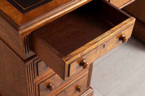 VICTORIAN OAK WALNUT PEDESTAL DESK WITH NEW BLACK HIDE LEATHER TOP C1870 - ADDITIONAL PHOTO 2